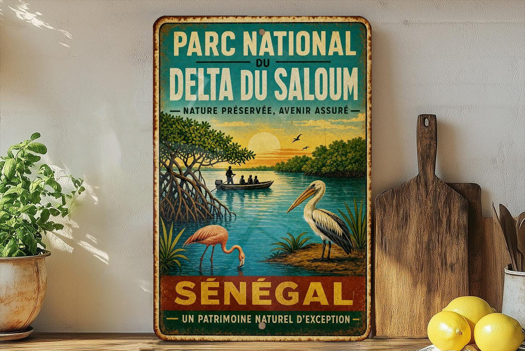 a vintage-style metal sign with a tropical scene depicting a flamingo, a boat, and a palm tree, along with text in French that reads "PARC NATIONAL DU DELTA DU SALOUM NATURE PRESERVEÉ, AVENIR ASSURE".