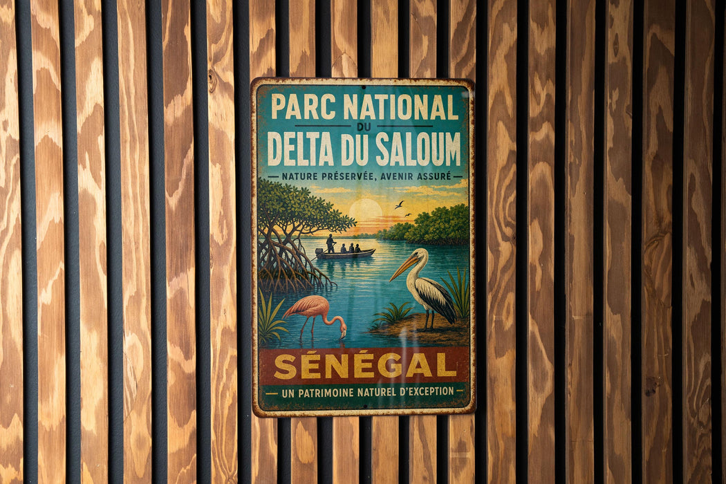 A vintage metal sign with a tropical scene of a flamingo, palm trees, and a boat on a river, hanging on a wooden wall.