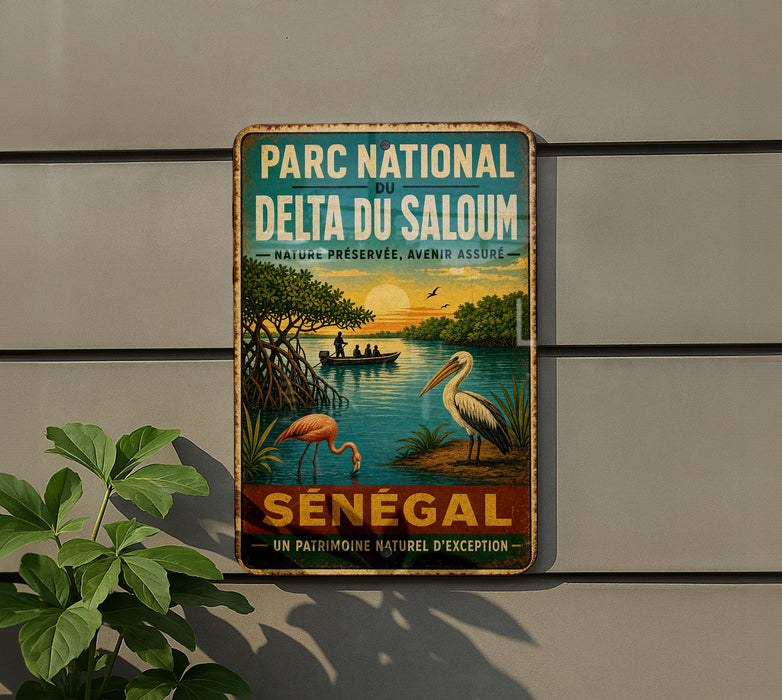 A vintage-style metal sign with a colorful illustration of a tropical scene, including a flamingo, palm trees, and a body of water, mounted on a wall.