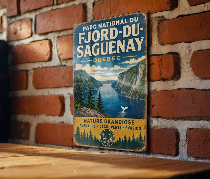 A vintage-style metal sign with a scenic mountain landscape and a bird in flight, mounted on a brick wall.
