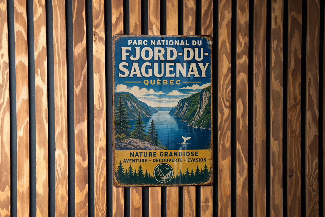 A vintage metal sign for the Park National du Fjord-du Saguenay, located in Quebec, Canada.