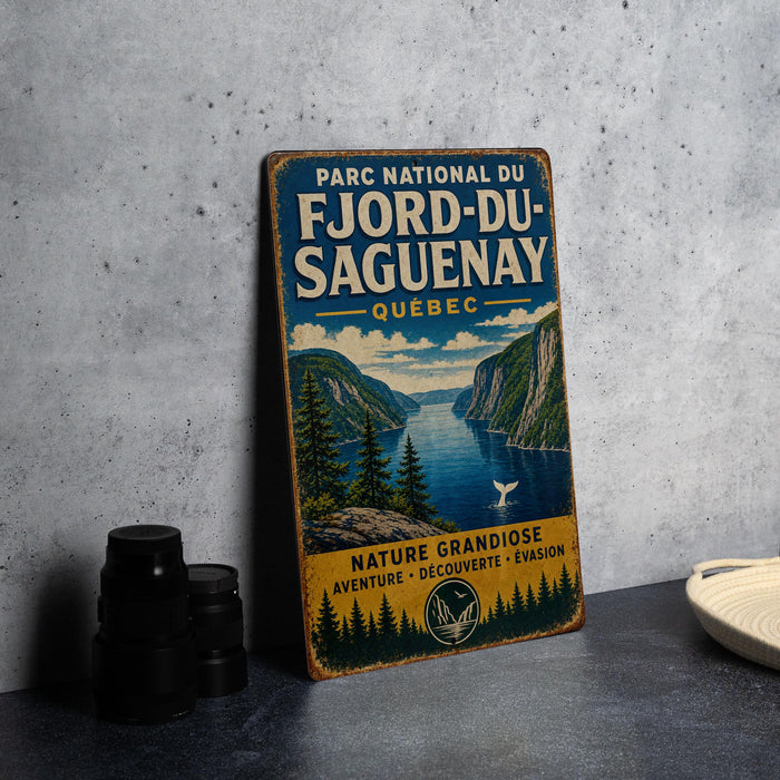 A vintage-style metal sign for the Fjord-du-Sagueday National Park in Quebec, featuring a scenic landscape with mountains, a lake, and pine trees.