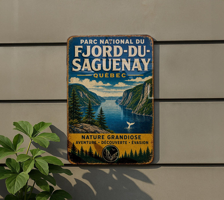 A vintage-style metal sign with a scenic image of a mountain landscape and a river, advertising the park of Fjord-du-Saguenay, Quebec.