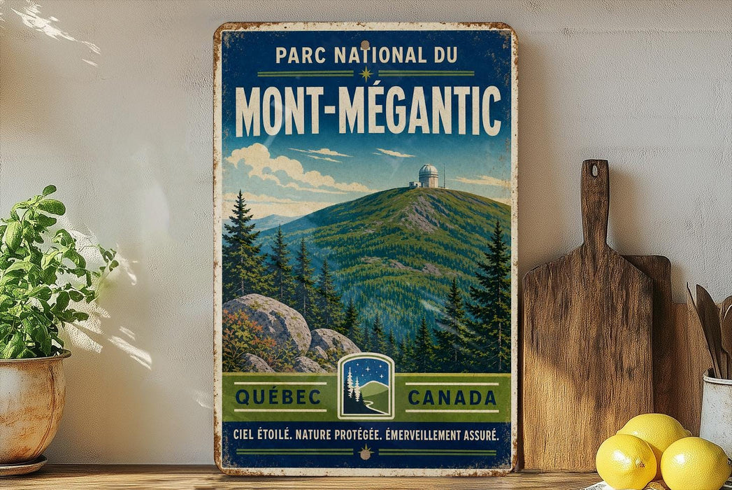 A vintage-style metal sign for the park of Mont-Megantic, featuring a mountain landscape with pine trees and a dome structure.