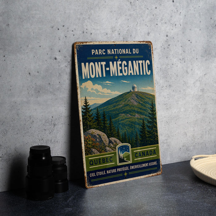 A vintage-style sign for the "Mont-Mégantic" national park in Quebec, Canada, featuring a mountain landscape with a telescope on top.