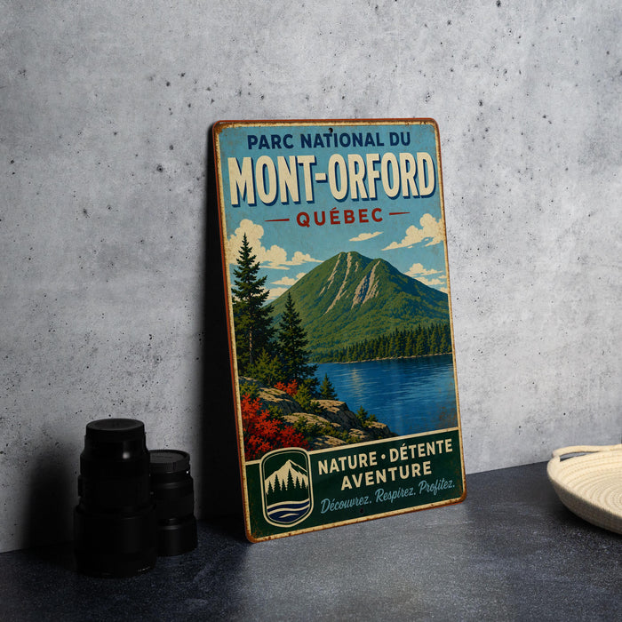 A vintage-style sign for the PARC NATIONAL DU MONT-ORFORD QUEBEC, featuring a mountain landscape with a lake and pine trees.