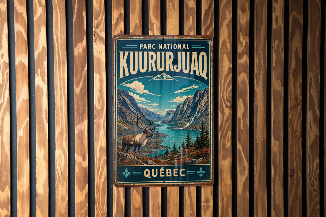 A vintage metal sign for the park national kuururjuaq in Quebec, featuring a scenic mountain landscape with a reindeer.