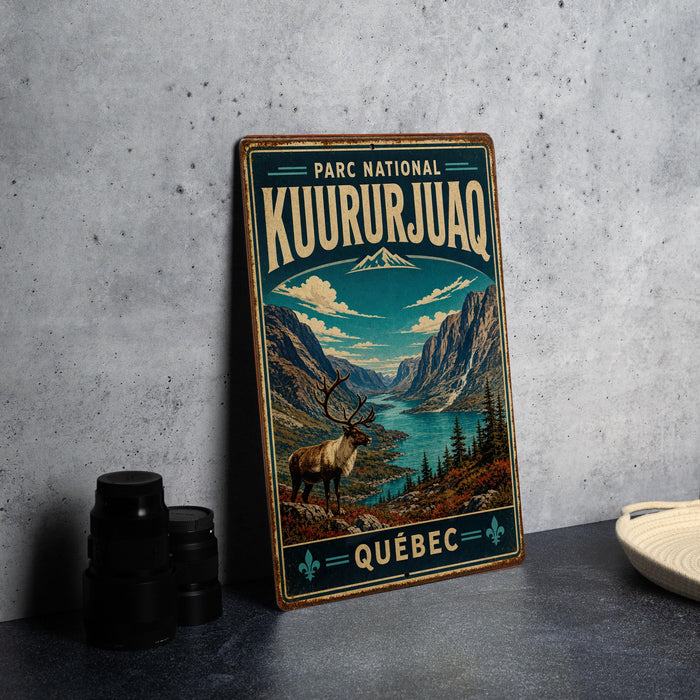 A vintage-style metal sign for the Park National Kúururjúq'q, featuring a scenic landscape with mountains, a river, and a reindeer.