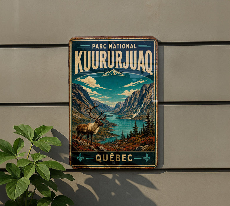 A vintage-style metal sign for the Park National Kurujuaq in Quebec, featuring a scenic mountain landscape with a reindeer and the text "PARC NATIONAL KUURURJUQAQ".