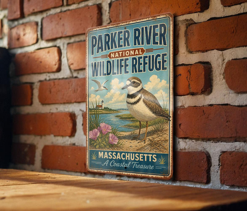 A vintage metal sign for the Parker River National Wildlife Refuge in Massachusetts, featuring a bird and a coastal landscape.