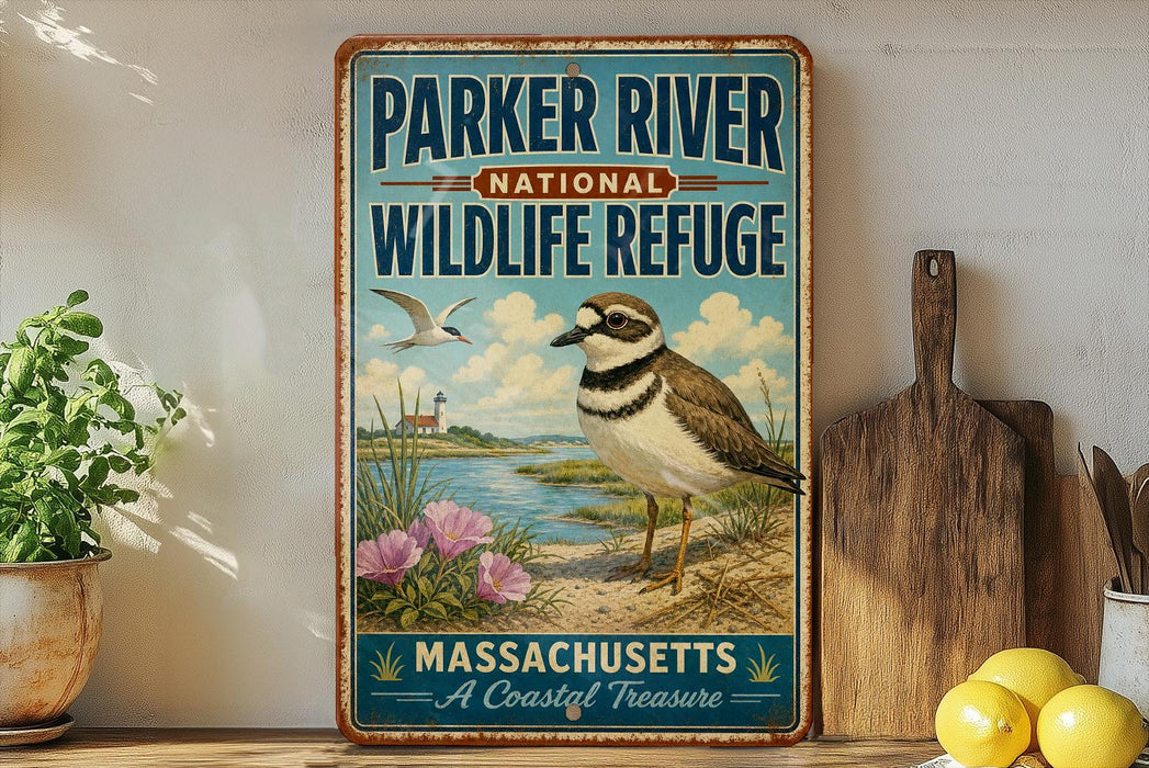 A vintage-style metal sign for the Parker River National Wildlife Refuge in Massachusetts, featuring a bird and a coastal landscape.
