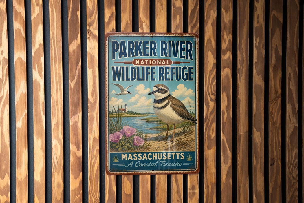 A vintage metal sign for the Parker River National Wildlife Refuge in Massachusetts, featuring a bird and a scenic landscape.
