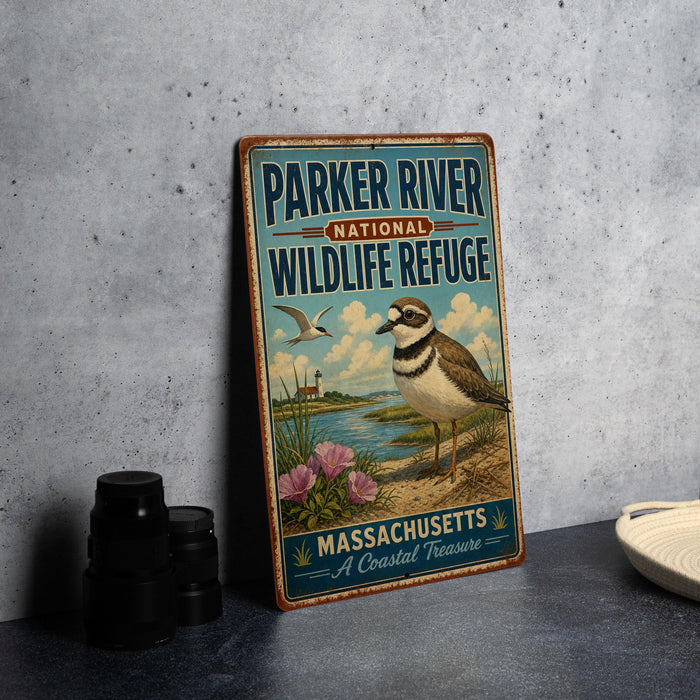 A vintage-style metal sign for the Parker River National Wildlife Refuge in Massachusetts, featuring a bird and a coastal landscape.