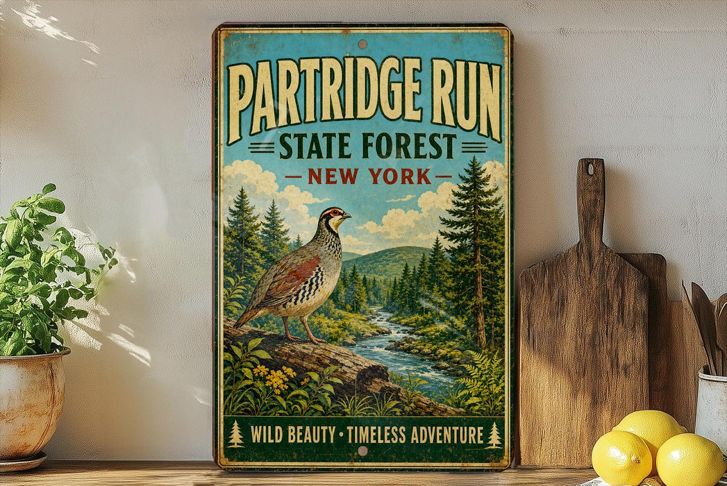 A vintage-style metal sign for the Partridge Run State Forest in New York, featuring a bird and a forest landscape.