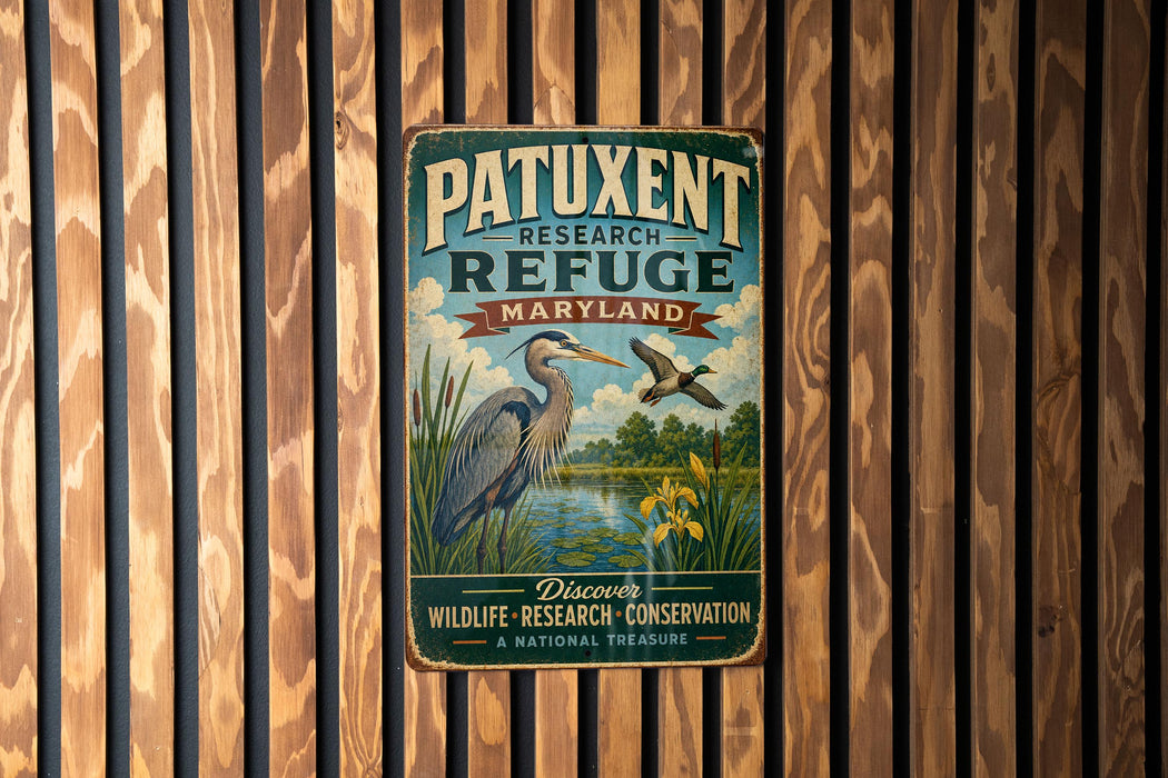 A vintage metal sign with a bird illustration and text, mounted on a wooden wall.