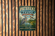A vintage metal sign with a bird illustration and text, mounted on a wooden wall.