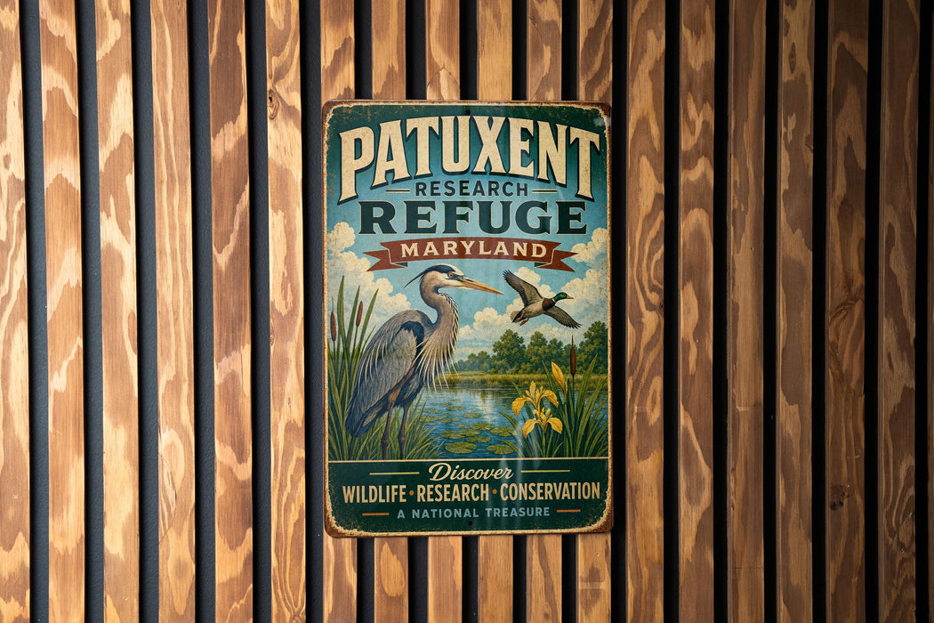 A vintage metal sign with a bird illustration and text, mounted on a wooden wall.