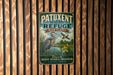 A vintage metal sign with a bird illustration and text, mounted on a wooden wall.