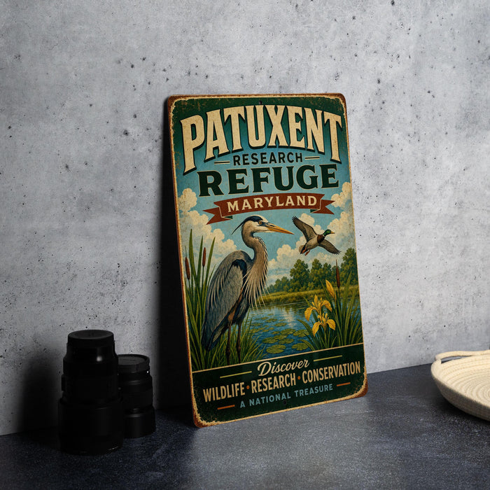 A vintage-style metal sign for Patuxent Wildlife Refuge in Maryland, featuring an illustration of a bird and a river, along with the text "Patuxent Research Refuge Maryland" and "Discover Wildlife Research Conservation A National Treasure".