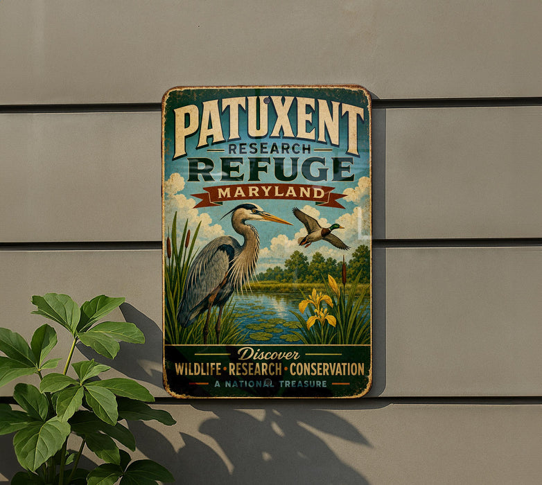 A vintage metal sign with a bird illustration and text, mounted on a wall next to a plant.