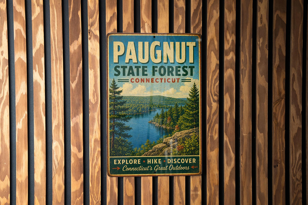 A vintage metal sign for Paugnut State Forest in Connecticut, featuring a scenic landscape with pine trees, a lake, and mountains.