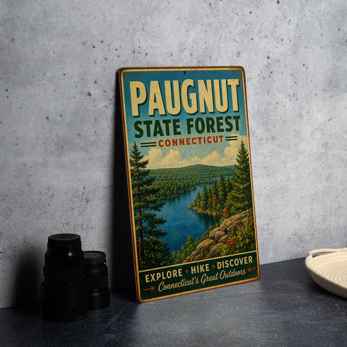 A vintage-style metal sign for the Paugnut State Forest in Connecticut, featuring a scenic landscape with pine trees, a river, and mountains.
