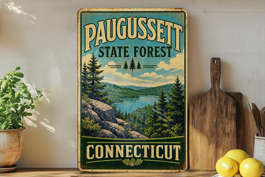 A vintage-style sign for Paugussett State Forest in Connecticut, featuring a scenic landscape with pine trees, a lake, and mountains.
