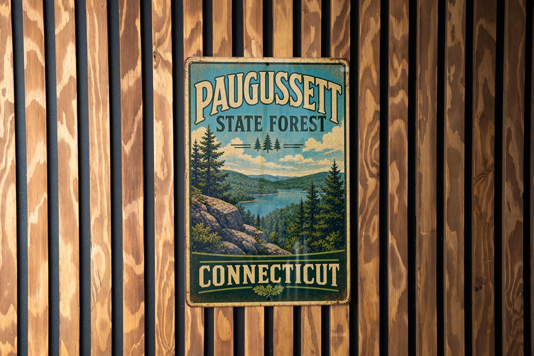 A vintage metal sign for Paugusset State Forest in Connecticut, featuring a scenic landscape with pine trees, a lake, and mountains.