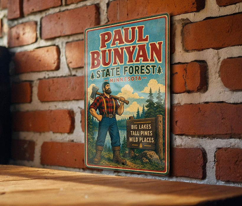 A vintage Paul Bunyan sign advertising the Minnesota State Forest, featuring a woodcut illustration of a lumberjack with a sign for Big Lakes Tall Pine Wild Places.