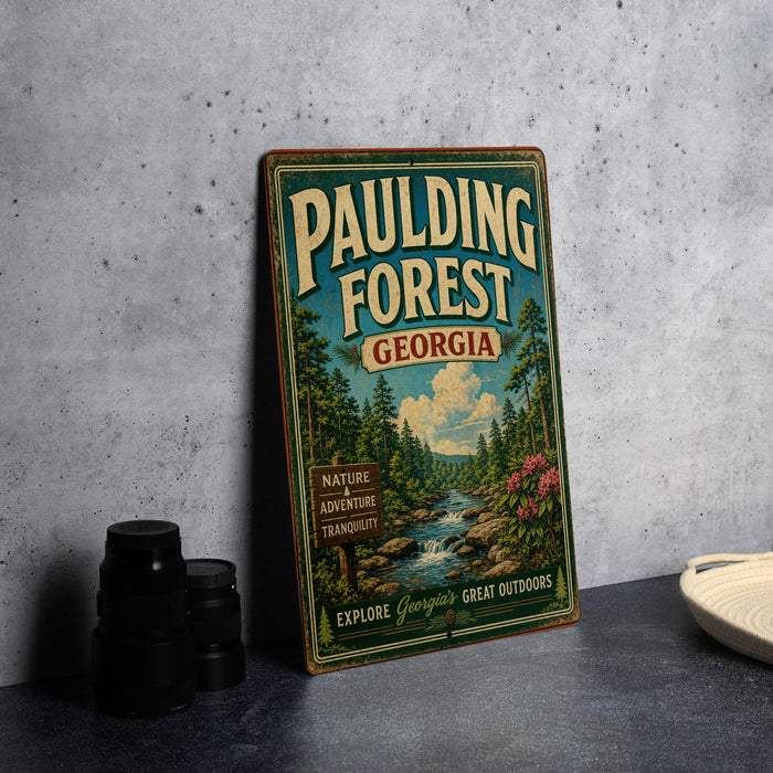 A vintage-style metal sign for Pauling Forest Georgia, featuring a scenic illustration of a forest and a river, is displayed on a gray concrete surface.