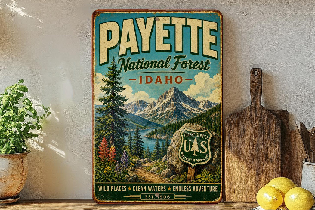 A vintage-style metal sign for the Payette National Forest in Idaho, featuring a scenic mountain landscape with pine trees, a lake, and a path leading through the forest.
