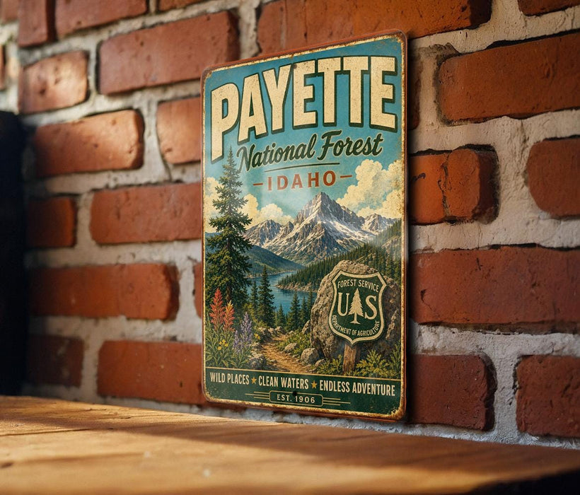 A vintage metal sign for the Payette National Forest in Idaho, featuring a scenic mountain landscape and text promoting the forest service's wild places, clean waters, and endless adventure.