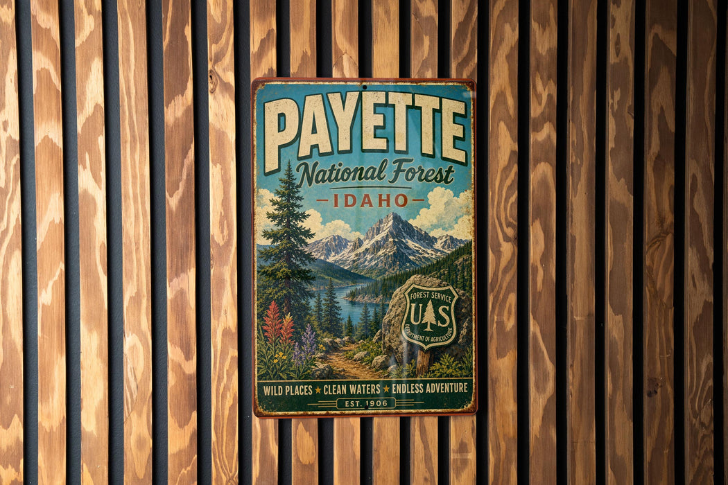 A vintage metal sign for the Payette National Forest in Idaho, featuring a scenic mountain landscape and text promoting the area's natural beauty and adventure opportunities.