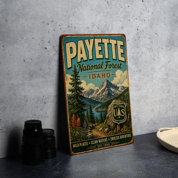 A vintage-style metal sign for the Payette National Forest in Idaho, featuring a scenic mountain landscape and text promoting the area's natural beauty and outdoor activities.