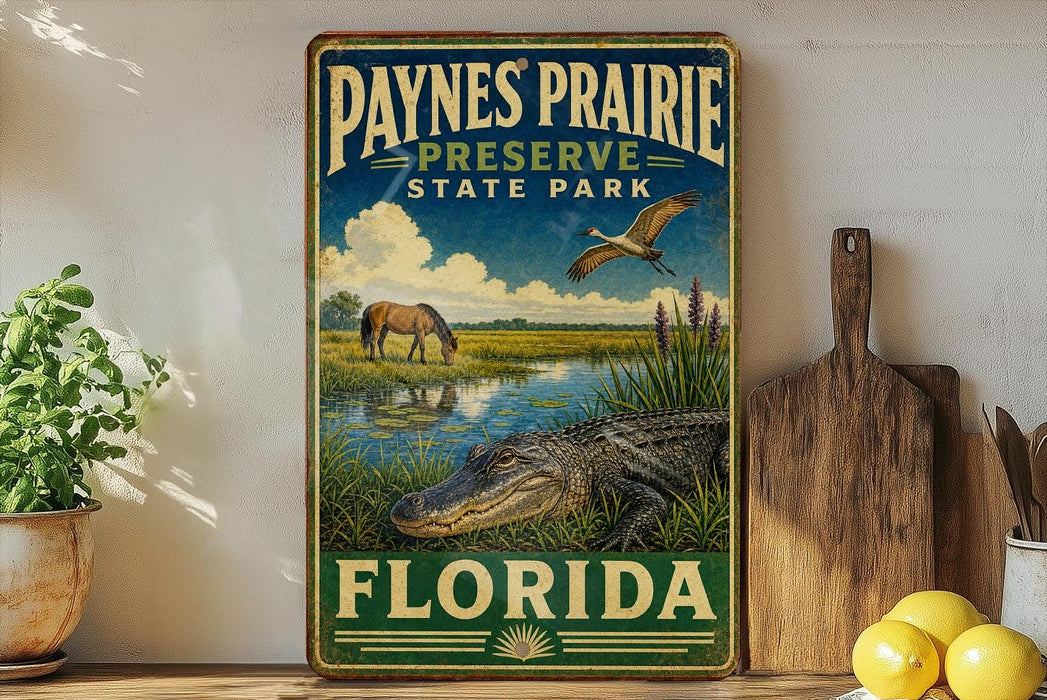 A vintage-style sign for "Paynes Prairie Preserve State Park" in Florida, featuring an illustration of a horse, alligator, and bird in a grassy field with a body of water.