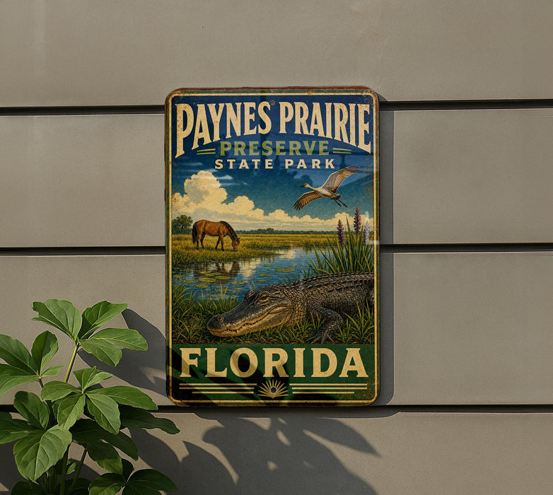 A metal sign for Paynes Prairie Preserve, featuring an illustration of a horse, alligator, and bird in a grassy field with a body of water.