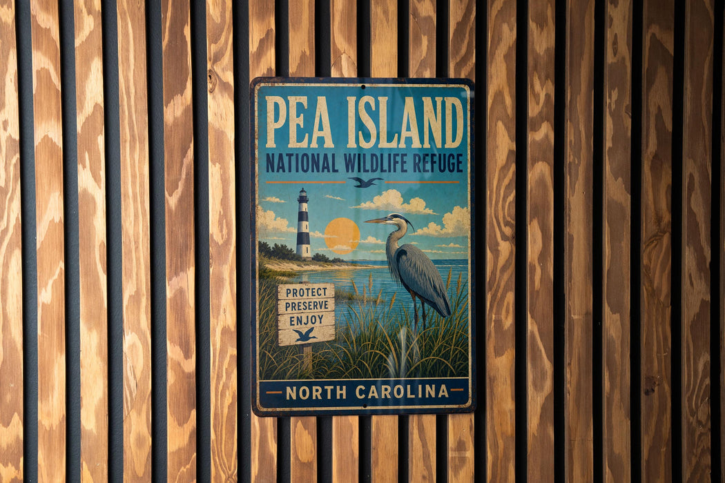 A vintage-style metal sign for the Pea Island National Wildlife Refuge in North Carolina, featuring a lighthouse and a bird in the foreground.