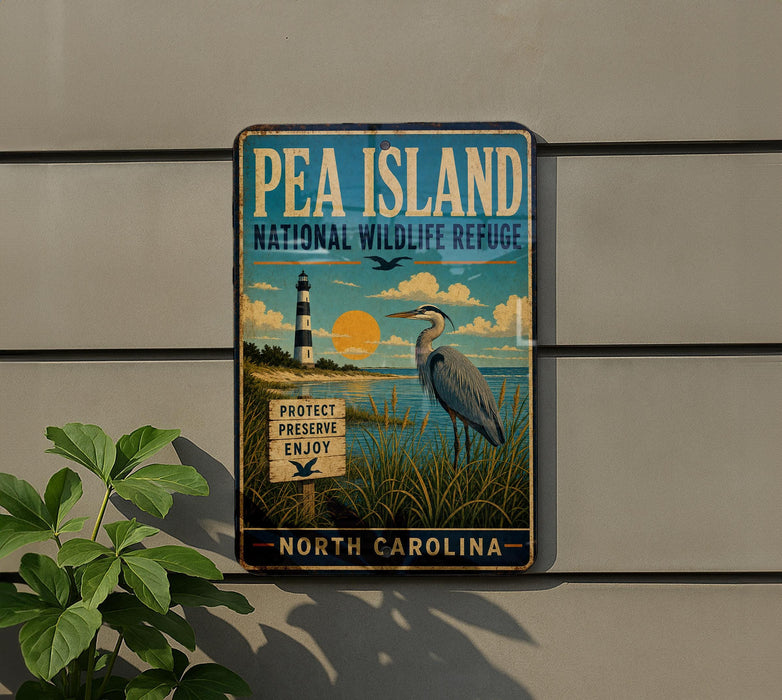 A vintage-style metal sign for Pea Island National Wildlife Refuge in North Carolina, featuring a lighthouse and a bird in the foreground.