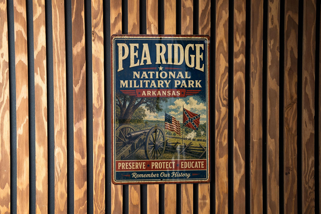 A vintage metal sign for Pea Ridge National Military Park in Arkansas, featuring an illustration of a cannon and a Union Jack flag.