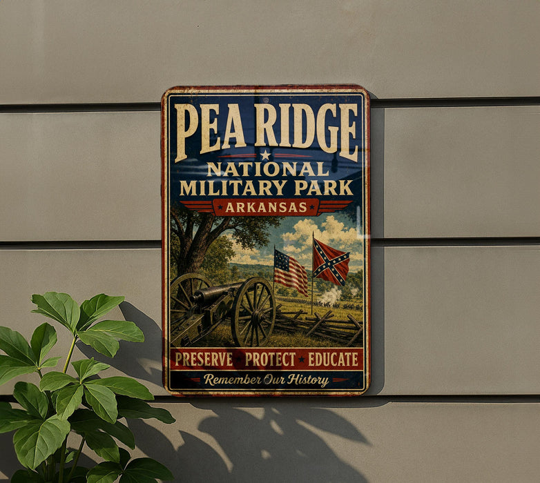 A vintage metal sign for Pea Ridge National Military Park in Arkansas, featuring an image of a cannon and a Union Jack flag.