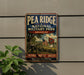 A vintage metal sign for Pea Ridge National Military Park in Arkansas, featuring an image of a cannon and a Union Jack flag.