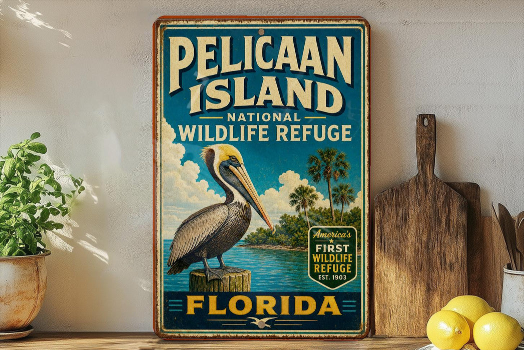 A vintage-style sign for Pelican Island National Wildlife Refuge in Florida, featuring a pelican and palm trees, is displayed on a shelf next to a wooden cutting board and some lemons.