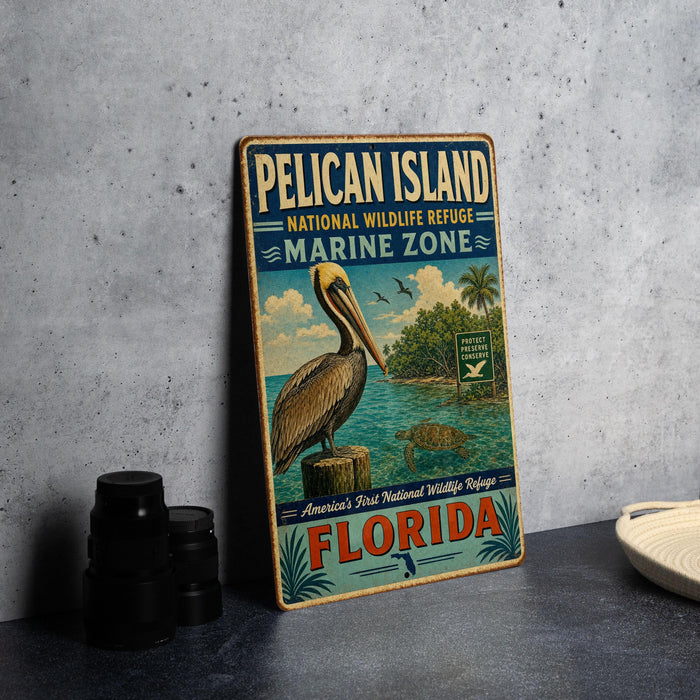 A vintage-style metal sign for Pelican Island National Wildlife Refuge, featuring an illustration of a pelican and a marine scene, is displayed on a gray countertop.