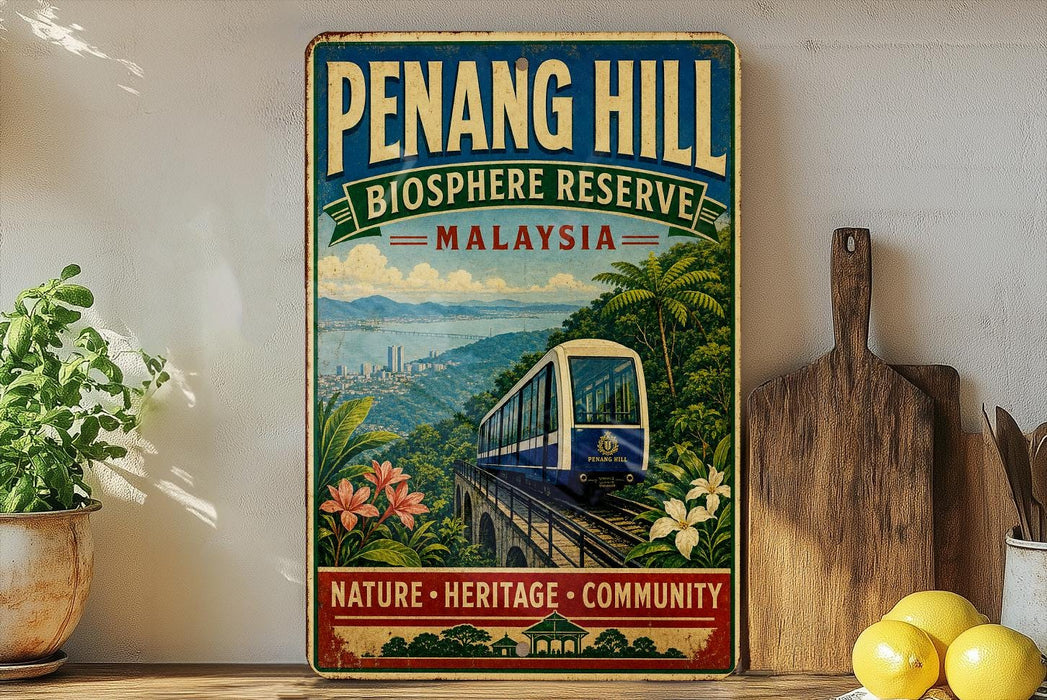 a vintage-style poster of Penang Hill, Malaysia, with a train passing through a lush, tropical landscape.