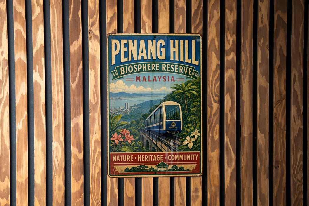 A vintage-style metal sign for Penang Hill Biosphere Reserve in Malaysia, featuring a train and tropical foliage.
