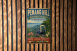 A vintage-style metal sign for Penang Hill Biosphere Reserve in Malaysia, featuring a train and tropical foliage.