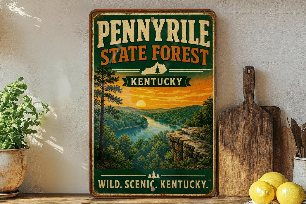 A vintage-style sign for the Pennyville State Forest in Kentucky, featuring a scenic landscape with a river, mountains, and a sunset.