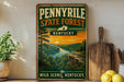 A vintage-style sign for the Pennyville State Forest in Kentucky, featuring a scenic landscape with a river, mountains, and a sunset.
