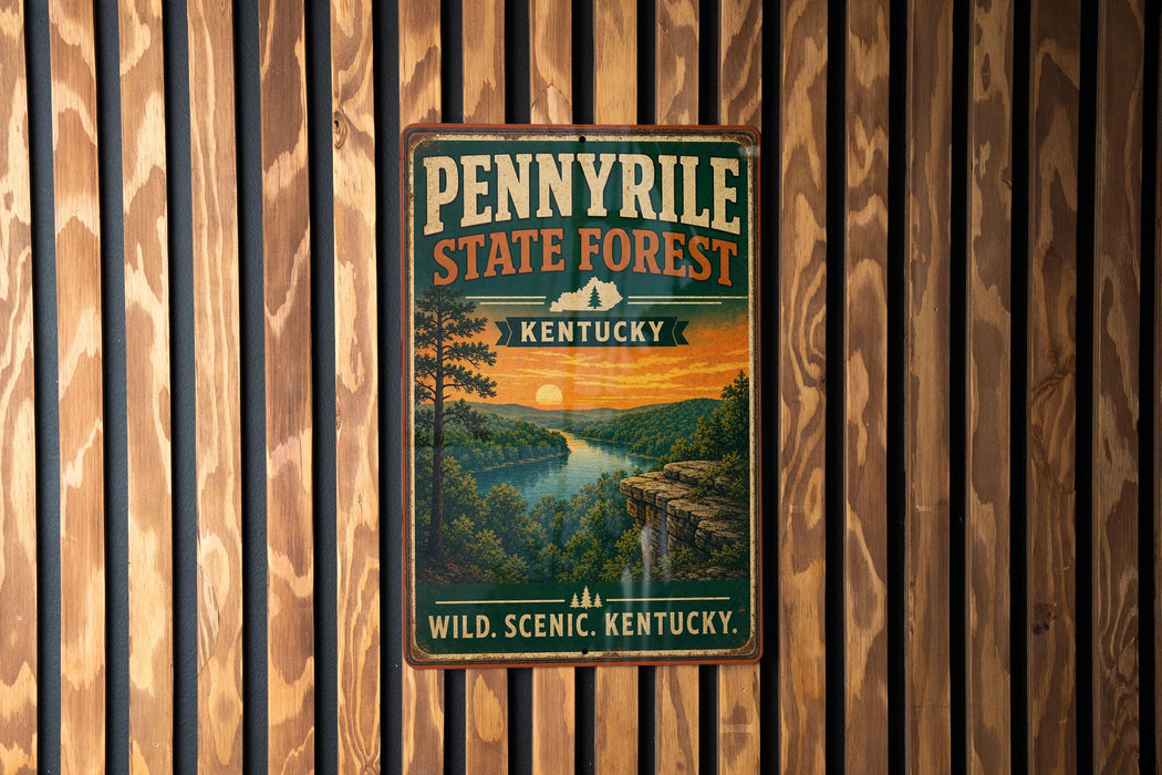 A vintage-style metal sign for the Pennyville State Forest in Kentucky, featuring a scenic landscape with a river, trees, and a sunset.