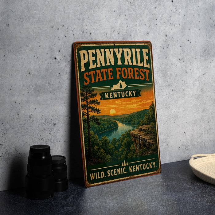 A vintage-style metal sign for the Penney State Forest in Kentucky, featuring a scenic landscape with a river, trees, and a sunset.